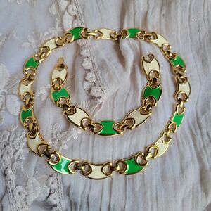 Vintage 1990s Monet Necklace Bracelet Set Kelly Green Cream Enamel Gold Tone